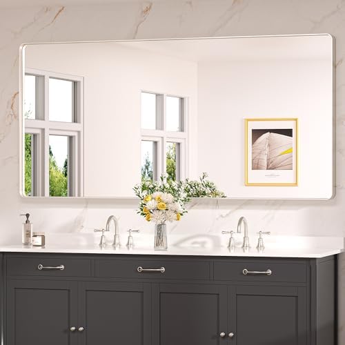 Keonjinn 72 x 36 Inch Brushed Nickel Bathroom Vanity Mirror, Tempered Glass by Keonjinn
