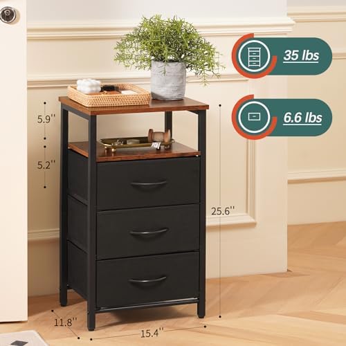 Yoobure Night Stand with Charging Station, 3 Fabric Drawers Nightstand, Bedside Tables with Storage Shelf, End Table with 16 Colors LED, Small Dresser for Small Space, Black Brown - Image 3