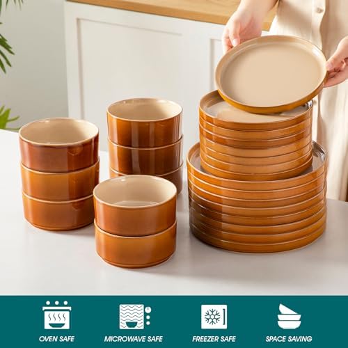 vancasso ONION Ceramic Plates and Bowls Sets, 24 Pieces Brown Dinnerware Sets for Kitchen, Reactive Glaze Dishes Set for 8, Dishwasher and Microwave Safe - Image 4