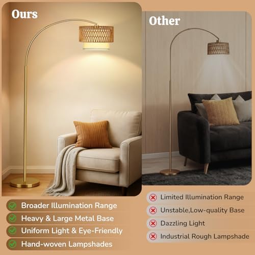 Gold Floor Lamps for Living Room, Arc Floor Lamp with Remote & Dimmable Bulb, Boho Standing lamp with 3 Color Temperatures, Adjustable Rattan & Fabric Shades Tall Lamp, Over Couch Reading Lamp - Image 7