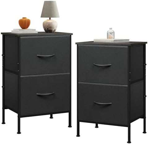 WLIVE Nightstand Set of 2, 2 Drawer Dresser for Bedroom, Small Dresser with 2 Drawers, Bedside Furniture, Night Stand, End Table with Fabric Bins for Bedroom, Dorm, Charcoal Black by WLIVE