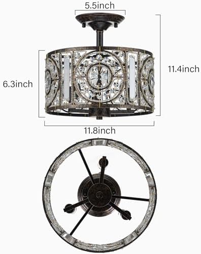Vintage Crystal Drum Chandelier, 3-Lights Bronze Finish Retro Chandelier Lighting Fixtures, Semi Flush Mount Ceiling Light for Dining Room Living Room Bedroom Entryway Etc. - Image 5