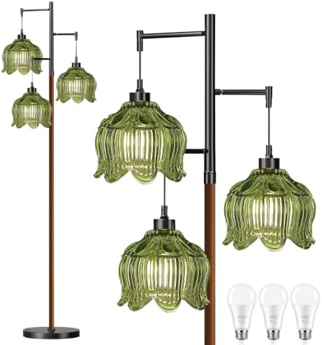 QIYIZM Glass Floor Lamp for Living Room,Bedroom,Stained Green Mid Century Modern Standing Lamp Wood Tree 3 Light Tall Floor Lamps Vintage Retro Black Floor Lights Flower LampShade Boho Bohemian by QIYIZM