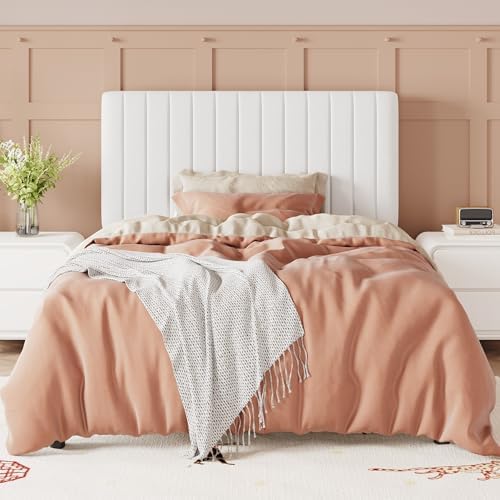 Allewie Twin Bed Frame, Velvet Upholstered Platform Bed with Adjustable Vertical Channel Tufted Headboard, Mattress Foundation with Strong Wooden Slats, Box Spring Optional, Easy Assembly, Off-White - Image 3