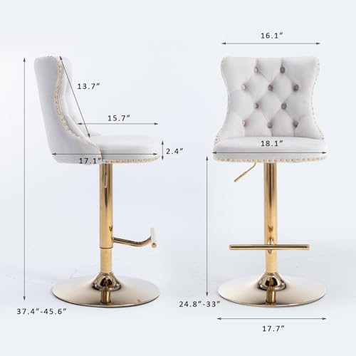 SoarFlash Velvet Bar Stool Set of 6, Adjustable Swivel Bar Stools with Gold Plated Metal Leg, Button Tufted, Footrest, Chrome Nailhead, Counter Height Chair for Kitchen, Bar, Dining Room (Beige) - Image 2