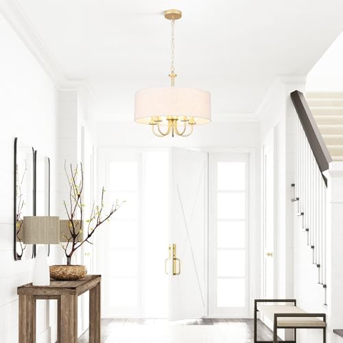 5 Lights Drum Chandelier Gold Farmhouse Chandelier with Shades 19" Large Pendant Light Fixtures Hanging Brass Round Chandeliers for Bedroom Dining Room Over Table Living Room Foyer Kitchen Island - Image 4
