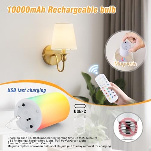 Battery Operated Wall Sconces set of Two,Wireless Wall Sconces with 10000mAh Dimmable Bulb and Remote,LED 15 Colors Rechargeable Gold Wall Sconce with Fabric for Bedroom Living Room Hallway Wall Decor - Image 5