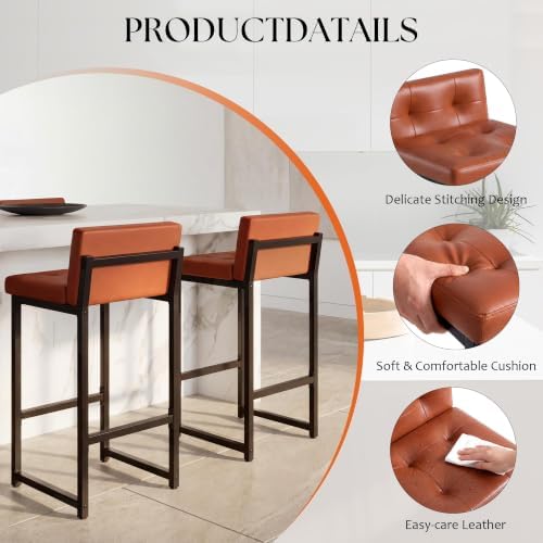 Bar Stools Set of 2, Counter Height Bar Stools Sets with Back, Faux Leather Barstools with Metal Legs and Footrest, Upholstered Bar Chairs for Dining, Kitchen Island, Home Counter, Brown - Image 4