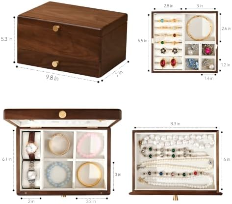 Black Walnut Wooden Jewelry Box for Women, 3 Layer Organizer with Drawer - Image 4