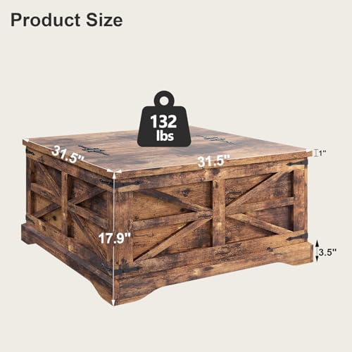 MXV Farmhouse Coffee Table with Storage, Square Coffee Tables for Living Room, Rustic Wood Center Table with Hinged Lifting Tabletop for Home, Brown - Image 2