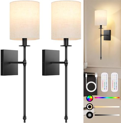 Bosceos 27 inch Battery Operated Wall Sconces Set of 2 with Remote, Rechargeable Wireless Wall Lights with Beige Fabric Shade, Indoor Not Hardwired Dimmable for Bedroom Living Room Decor by BestChoiceforYourLife