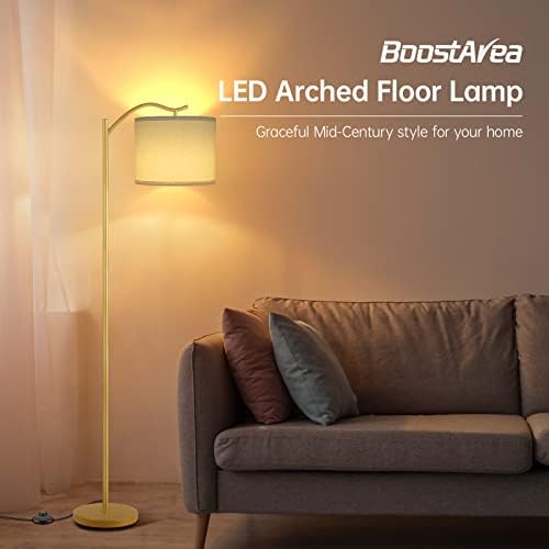 BoostArea Floor Lamp for Living Room,LED Arched Standing Lamp,Tall Modern Standing Lamp with Linen Shade,E26 Socket,Footswitch,Mid Century Gold Floor Lamps for Bedrooms,Office,Double-Layer lampshade - Image 2