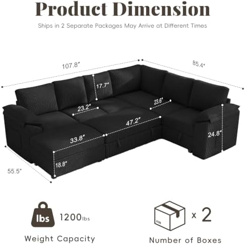 108 In L Shaped Modular Sectional Sofa Couch for Living Room, Black - Image 3