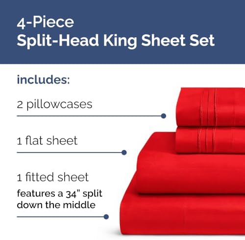 Flex Top Split Head King 4 Piece Sheet Set - Ultra-Soft, Breathable - Red - Image 2