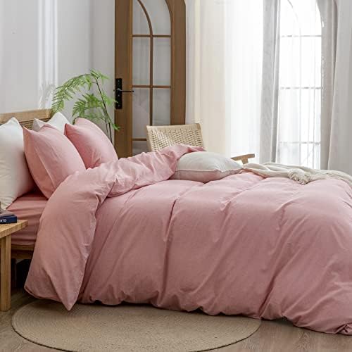 BESTOUCH Cotton Solid Duvet Cover Set Linen Feel Red Pink Full - Image 3