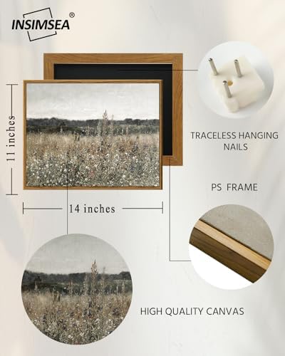 InSimSea Framed Canvas Wall Art Vintage Decor, Wildflower Field Canvas Wall Art Paintings Prints, Rustic Landscape Wall Decor for Bathroom Office, Office Dining Room Decor, 11"x14" - Image 5