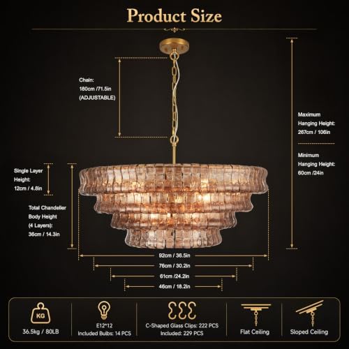 36-Inch 4-Tier Smoke Gray Glass Chandelier, 12-Light Brass Chandelier - Image 4
