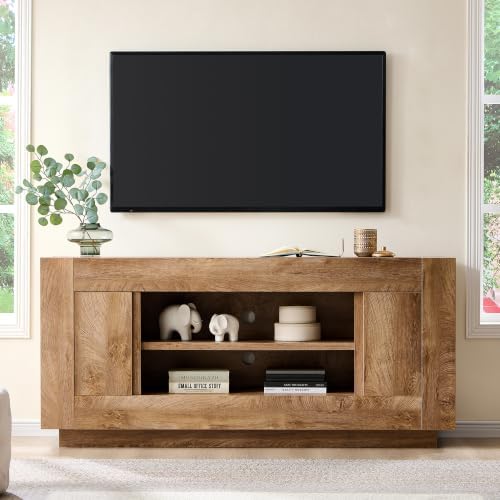 OKD 70" TV Stand for 80" TV, Thick Block Media Console, Light Knotty Oak by OKD