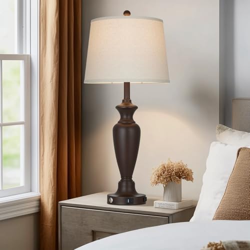 Cinyirong 30" Tall Metal Table Lamps Set of 2, Touch Control Bedside Lamps for Bedroom Nightstand, 3-Way Dimmable Farmhouse Lamp for Living Room with Charging Ports, Brown (2 LED Bulbs Included) - Image 6