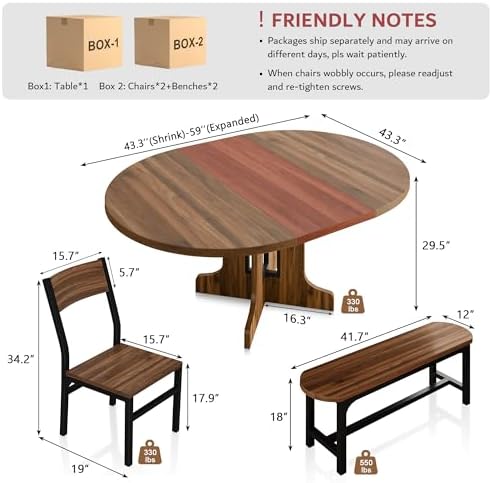 iPormis 5-Piece Round Dining Table Set for 4-6, 59" Extendable Dining Room Table Set with 2 Ergonomic Chairs & 2 Benches, Oval Modern Dinette Table with MDF Board and Metal Frame, Space-Saving, Walnut - Image 2