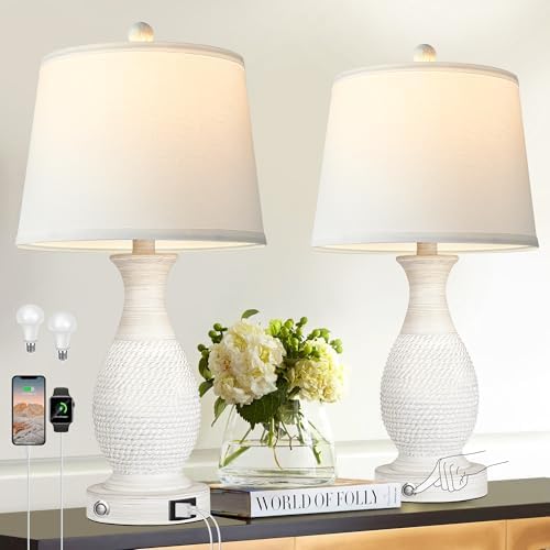 PARTPHONER Set of 2 Table Lamps with USB C+A Fast Charging Ports, 26" Tall Farmhouse Living Room Lamp with 3-Way Dimmable Nightstand Lamp White Fabric Shade for Living Room Bedroom Home Office by PARTPHONER
