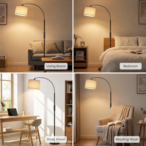 Arc Floor Lamps with Remote Control and Stepless Dimmable Color Temperature and Brightness Standing Lamp with Adjustable Beige Hanging Shade Pole Lamp for Bedroom Office, 9W Bulb Included, Black - Image 3