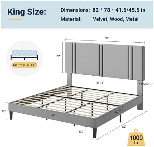 Allewie King Size Platform Bed Frame with Velvet Upholstered Headboard - Image 2
