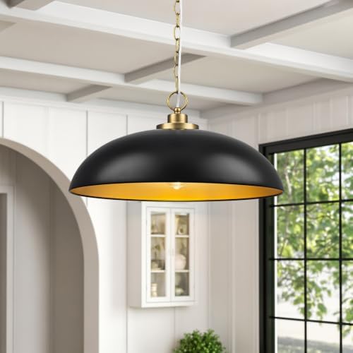 Lingkai 19.8" Modern Pendant Lights Kitchen Island, Black and Gold Dome Pendant Lighting Fixture, Farmhouse Hanging Ceiling Light for Dining Room Living Room Over Table Hallway by Lingkai