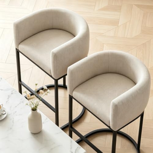 26" H Counter Height Bar Stools Set of 4, Modern Barrel Counter Stools with Backrest and Arms, Linen Fabric Upholstered Accent Barstools for Kitchen Island,Support 450 LBS (Beige) - Image 4