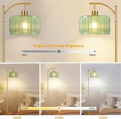 ILLMTW Glass Floor Lamp for Living Room,Bedroom,Gold Mid Century Modern Standing Lamp with Remote,Dimmable Brass Tall Lamp Vintage Retro Green Arc Flower Floor Light Boho Bohemian - Image 2