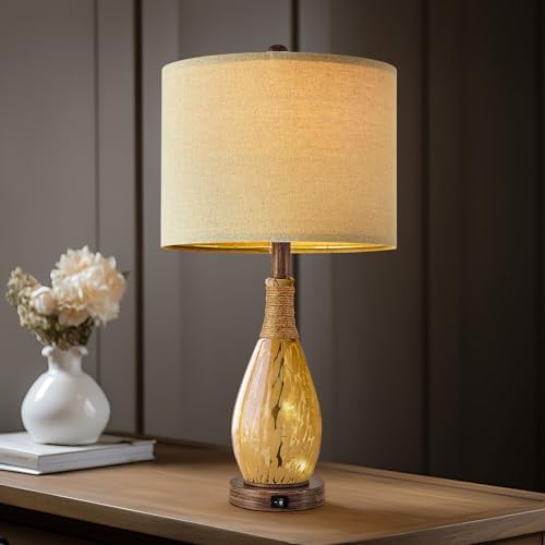 OYEARS 23" USB A+C Table Lamp for Bedroom Living Room Modern Bedside Lamps Retro Farmhouse Rattan Glass Nightstand Nightlight Lamps (Amber),Two Light Points - Image 6