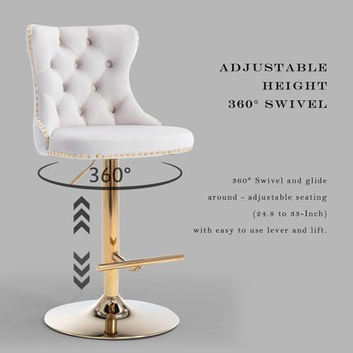 SoarFlash Velvet Bar Stool Set of 6, Adjustable Swivel Bar Stools with Gold Plated Metal Leg, Button Tufted, Footrest, Chrome Nailhead, Counter Height Chair for Kitchen, Bar, Dining Room (Beige) - Image 6