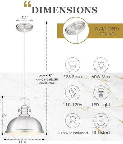 11.5" Brushed Nickel Pendant Light for Kitchen Island, Metal Shade - Image 2