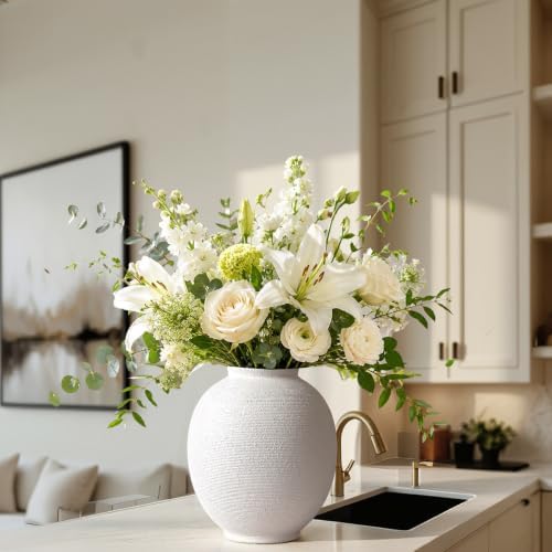 White Ceramic Vase, 9.8" Large, Round, Sandstone White - Image 5