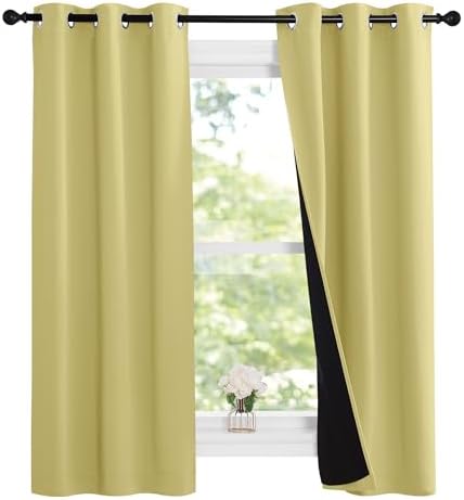 NICETOWN 100% Blackout Short Curtains with Black Liners, 2 Panels, 37" W by 50" L, Paler Yellow, Thermal Insulated Full Blackout 2-Layer Lined Drapes, Energy Efficiency Window Draperies for Bedroom by NICETOWN