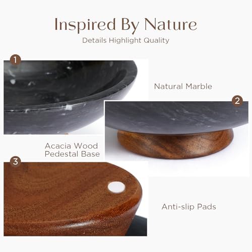 SAMAH Black Marble Fruit Bowl with Acacia Wood Pedestal, Large Decorative Marble Bowl, Natural Stone Fruit Bowl for Kitchen Counter, Entryway, Keys, Dining Table, House Warming Gifts New Home(11Inch) - Image 3