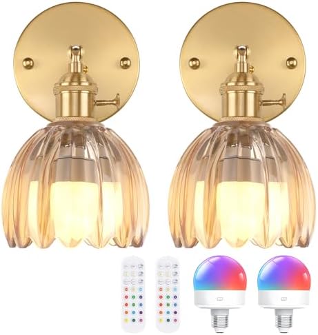 Shenmoyl Vintage Battery Operated Wall Sconce with Amber Tulip Glass Lampshade Rechargeable Battery Powered Wall Light with Remote Control for Bedside Bedroom Doorway, Set of 2 by Shenmoyl