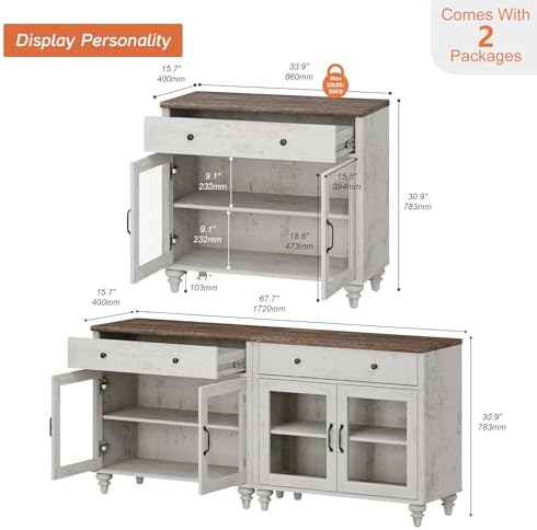 WAMPAT Sideboard Buffet Cabinets with Glass Doors, Kitchen Storage Cabinets, Wooden Coffee Bar Tables with Vintage Gourd Leg, Accent Sideboard Credenza Table for Dining Room, Living Room, Rustic White - Image 2