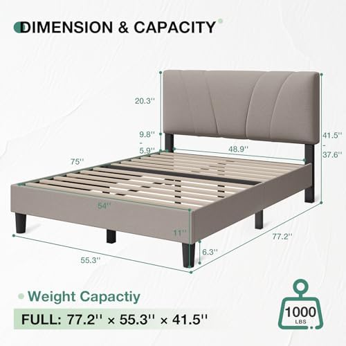 Novilla Full Size Bed Frame with Adjustable Headboard Platform Full Bed Frame with Linen Fabric Upholstered Headboard, No Box Spring Needed, Noise-Free, Wooden Slats Support, Easy Assembly, Beige - Image 2