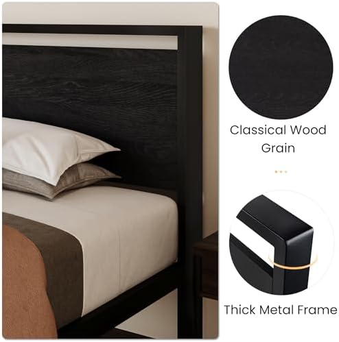 SHA CERLIN 14 Inch Twin Size Metal Platform Bed Frame with Wooden Headboard and Footboard, Mattress Foundation, No Box Spring Needed, Large Under Bed Storage, Heavy Duty Slats Support, Black Oak - Image 5
