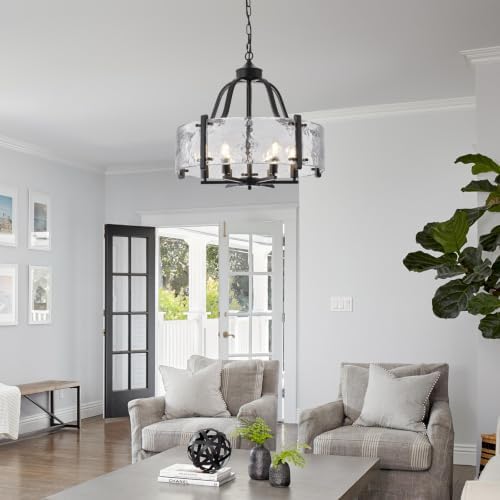 Water Textured Glass Chandelier, 22 " Black Round Dining Room Light Fixture - Image 3