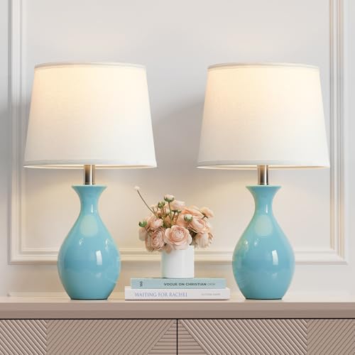 PARTPHONER Table Lamp Set of 2, Modern Ceramic Bedside Lamps for Night Stands, Classic Small Lamp Nightstand Lamp for Bedroom Living Room Desk End Table Rocker Swtich Sky Blue by PARTPHONER