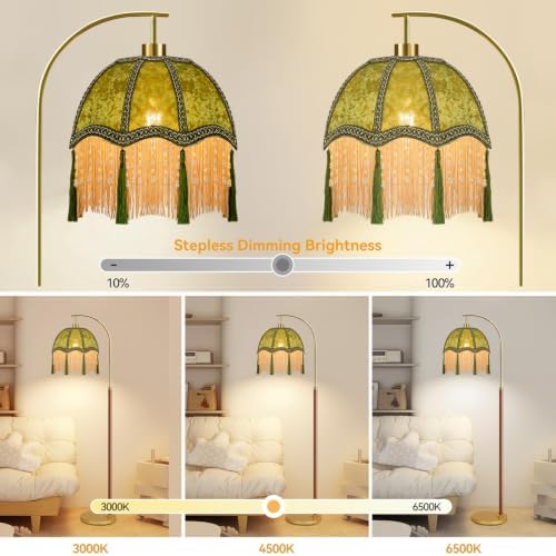 Wood Floor Lamps for Living Room Vintage Gold Floor Lamp with Remote Control & 3 Color Temperature,Dimmable Floor Lamp Mid Century Modern Standing Lamp Green Fringe Tall Floor Lamp for Bedroom Corner - Image 2