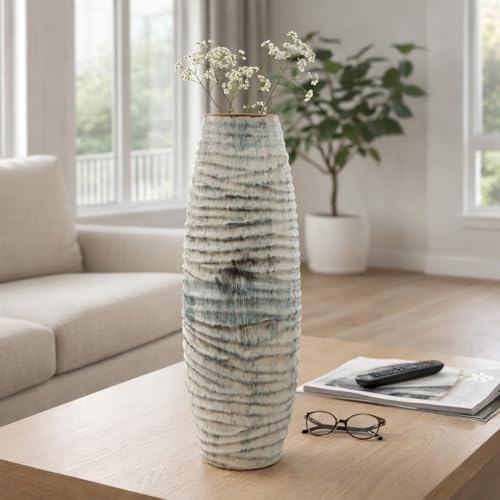 Large Ribbed Ceramic Floor Vase for Living Room - Decorative Flower Vase for Home Styling, Bedroom Vanity, and Bathroom Counter - Sculptural Accent Display for Office Table - 30", Ivory & Gray by NESSANDJORD