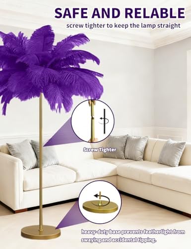 Feather Floor Lamp,Fluffy Ostrich Feather Floor Lamp for Bedroom,3 Color Temperatures Led Corner Modern Floor Lamps for Living Room Christmas Home Decor House Warming Gifts,63″ Height (Deep Purple) - Image 6