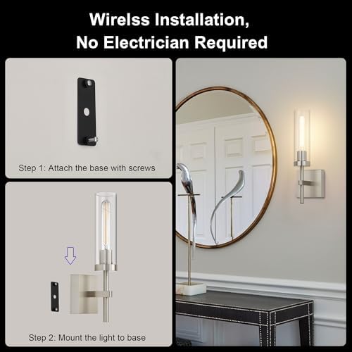 SANTOSTOCK Brushed Nickel Battery Operated Wall Sconces with Remote Control, Wireless Wall Sconce Set of 2, Rechargeable Cordless Wall Lights for Living Room Bathroom Hallway Entryway Stairwell, 3000K - Image 6