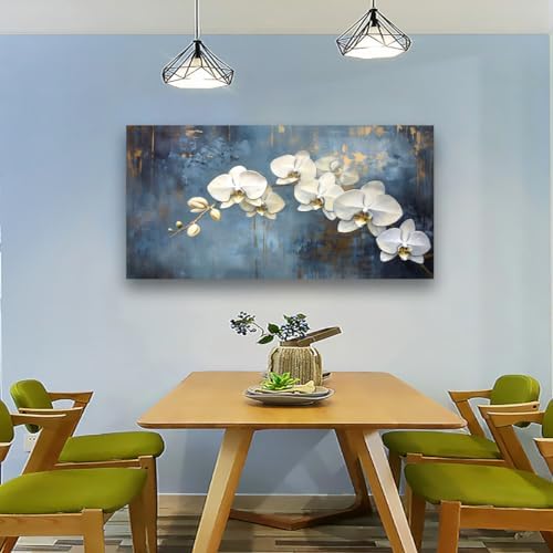 Abstract White Butterfly Orchid Canvas Wall Art for Living room Office Bedroom Flowers Wall Art Print Oil Paintings Modern Blue Gold Rain Mist Pictures Wall Decor Artwork Ready to Hang - 20in * 40inch - Image 2