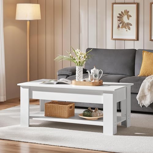 Yaheetech 47.2 in Lift Top Coffee Table with Hidden Storage & Shelf, White - Image 4