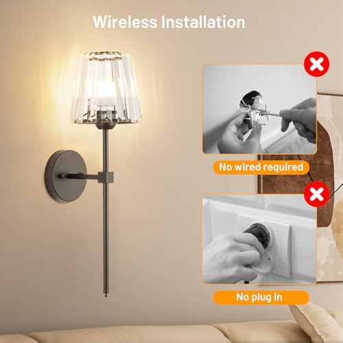 Crystal Battery Operated Wall Sconces Set of 2, Brown Rechargeable Wireless Wall Lights with Crystal Lampshade, 12 RGB and 3CCT Dimmable Wall Lamps with Remote for Bedroom Living Room Hallway - Image 4