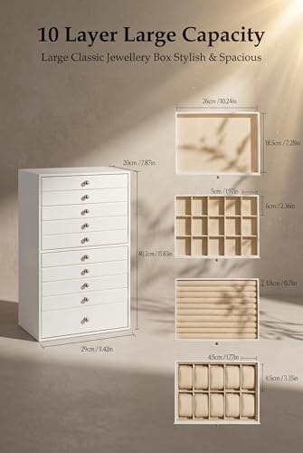 GUKA Large Jewelry Box, Jewelry Case with 10 Drawers for Big and Small Jewelry, Jewelry Storage Organizer for Watch Earrings Necklace Rings Bracelets, Birthday Wedding Gifts, White - Image 4